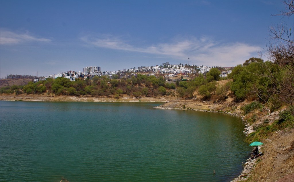 Vista del lago con casas en la colina y un área verde en la orilla.