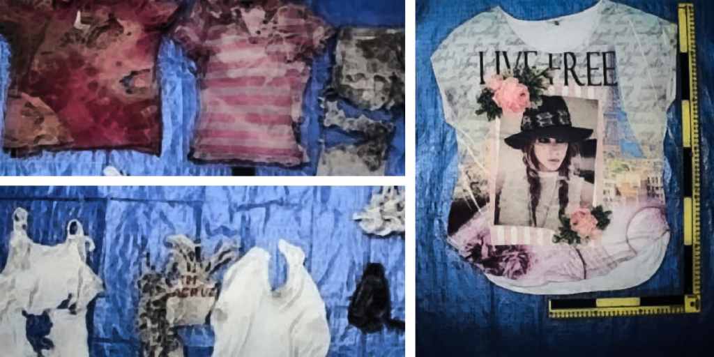 Conjunto de ropa en un fondo azul, que incluye camisetas de diferentes colores y un top con un diseño gráfico.