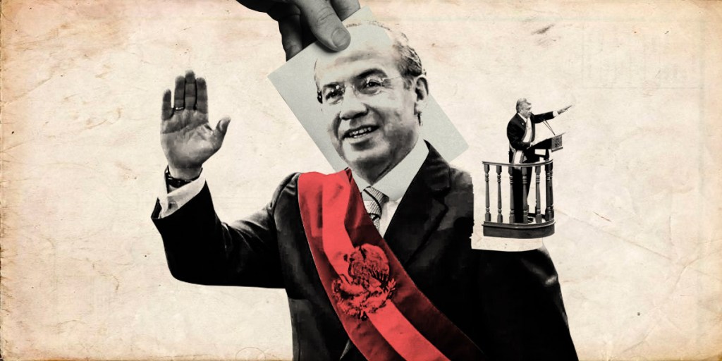 Collage que muestra a un político con la mano levantada, vestido con un traje y una banda presidencial roja, mientras un segundo personaje habla desde un podio.