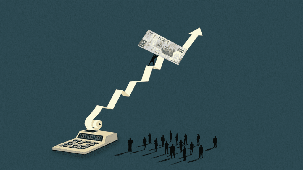 Gráfico que muestra un billete de 200 en la parte superior de una calculadora, simbolizando un aumento en las finanzas, con siluetas de personas en la parte inferior.