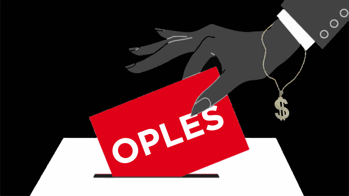 Una manita con una carta roja que dice oples