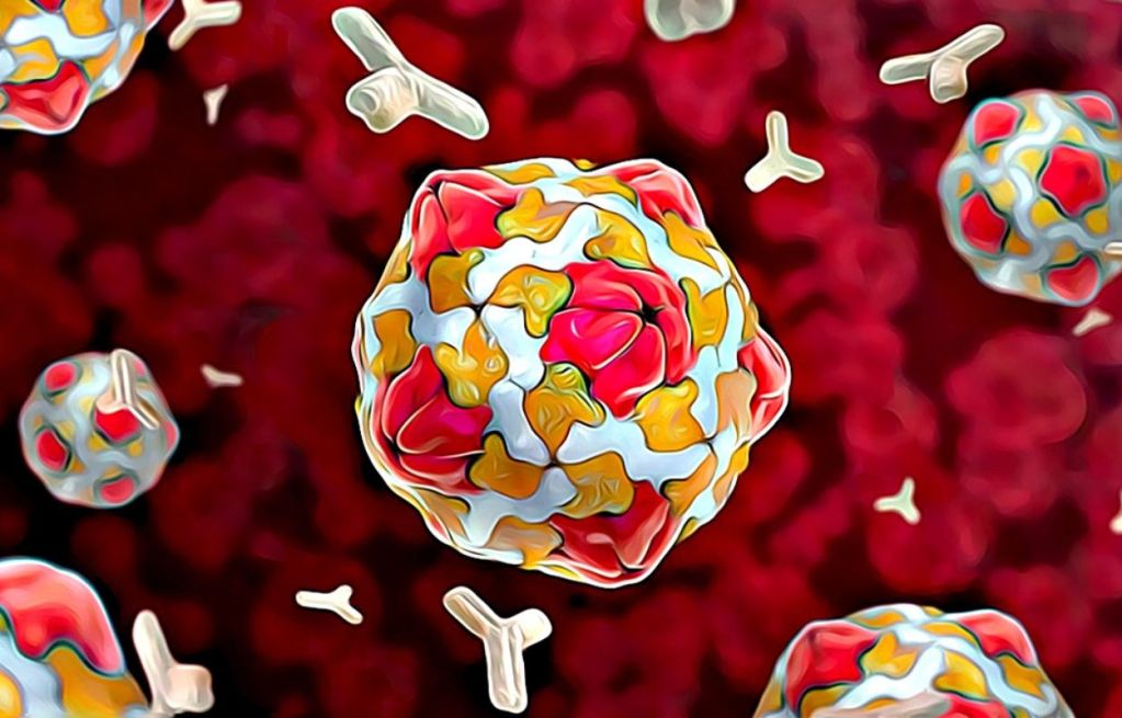 Representación artística de virus en un entorno microscópico, con un fondo abstracto de color rojo y detalles en amarillo y blanco.