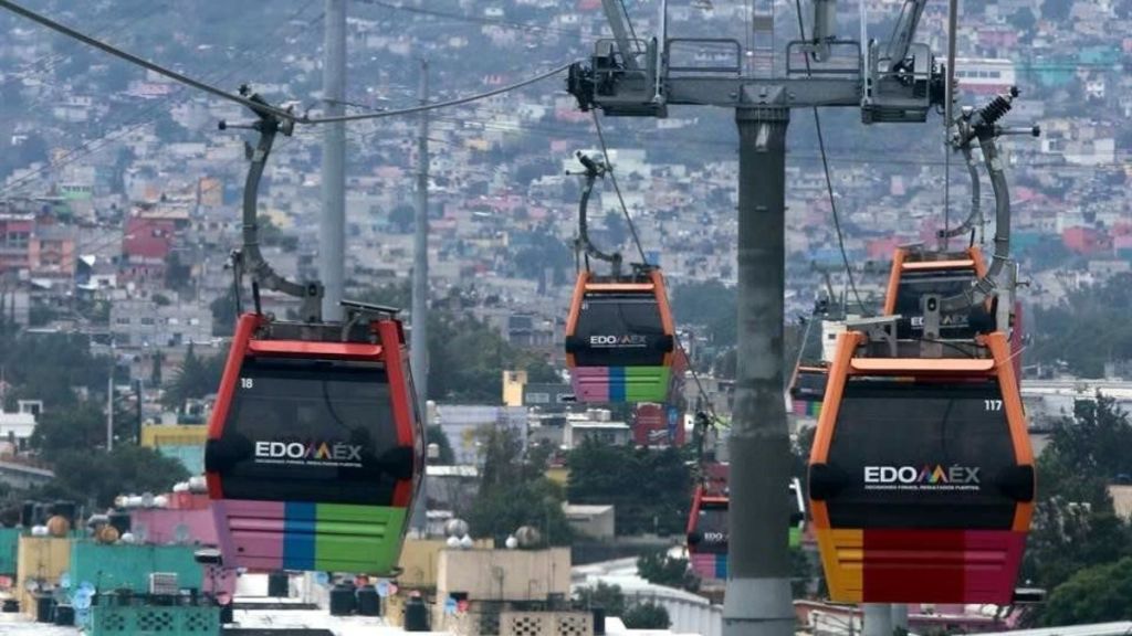 Vista de teleféricos coloridos en EDOMÉX, suspendidos sobre la ciudad.