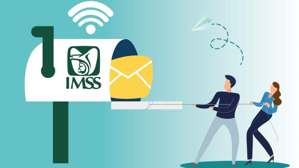 Ilustración que muestra un buzón con el logo del IMSS, donde un hombre y una mujer interactúan, simbolizando la recepción de información digital relacionada con el Tarjetón Digital del IMSS.