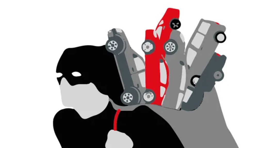 Ilustración de un personaje con una mochila que lleva varios autos, con un fondo en colores simples.