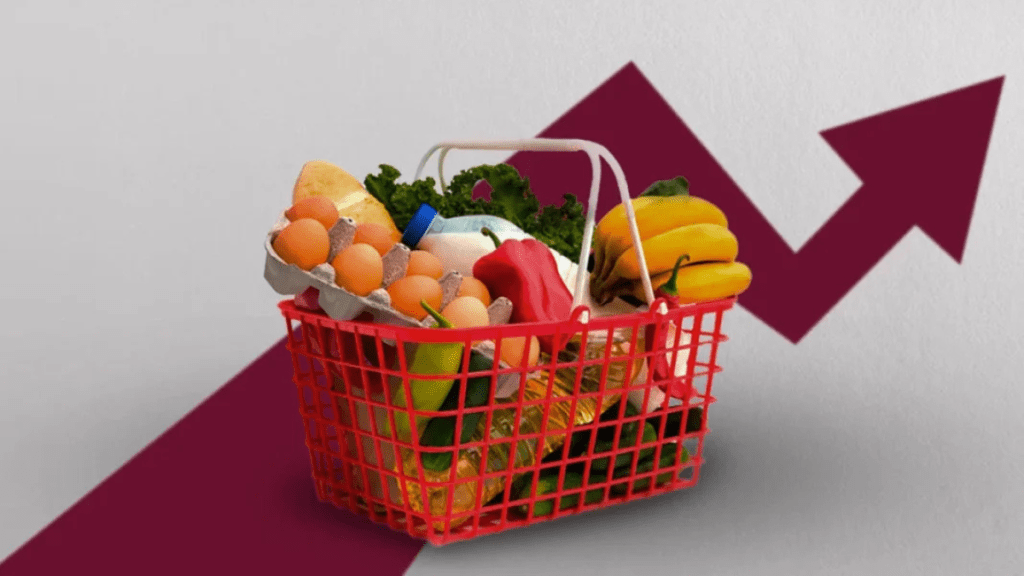 A red shopping basket filled with various groceries, including eggs, fruits, and vegetables, with a rising arrow graphic in the background.