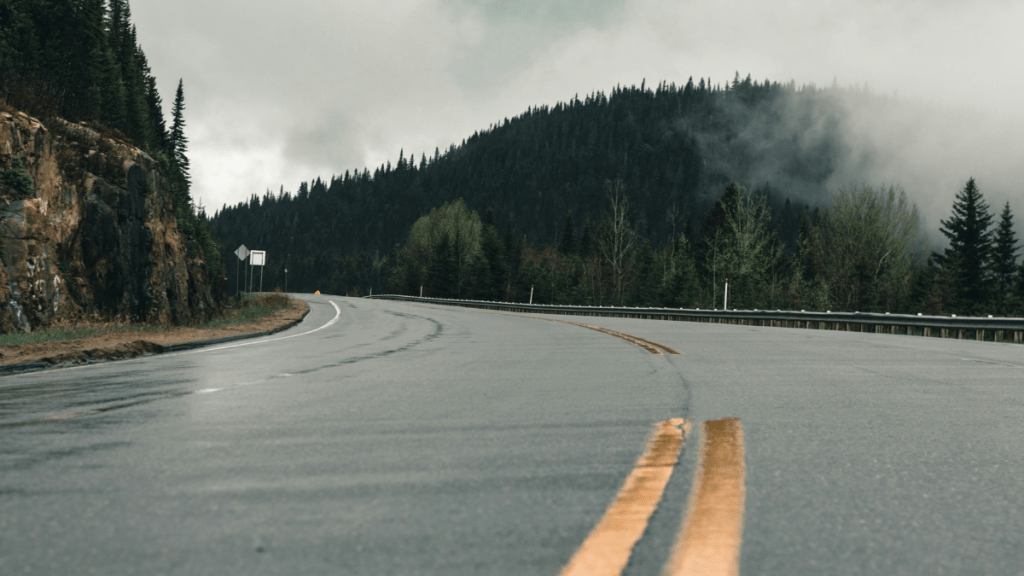 Carretera curvada con su superficie húmeda y paisaje montañoso al fondo, rodeada de árboles y neblina.