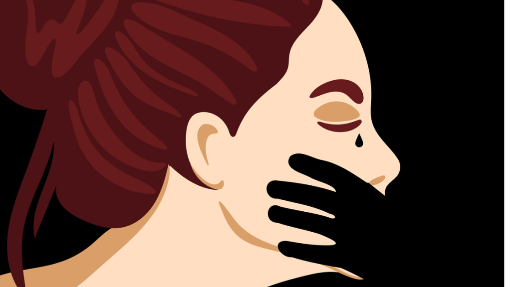 Ilustración de un rostro femenino con un mechón de cabello recogido, una lágrima en la mejilla y una mano negra que cubre parte de su cara.