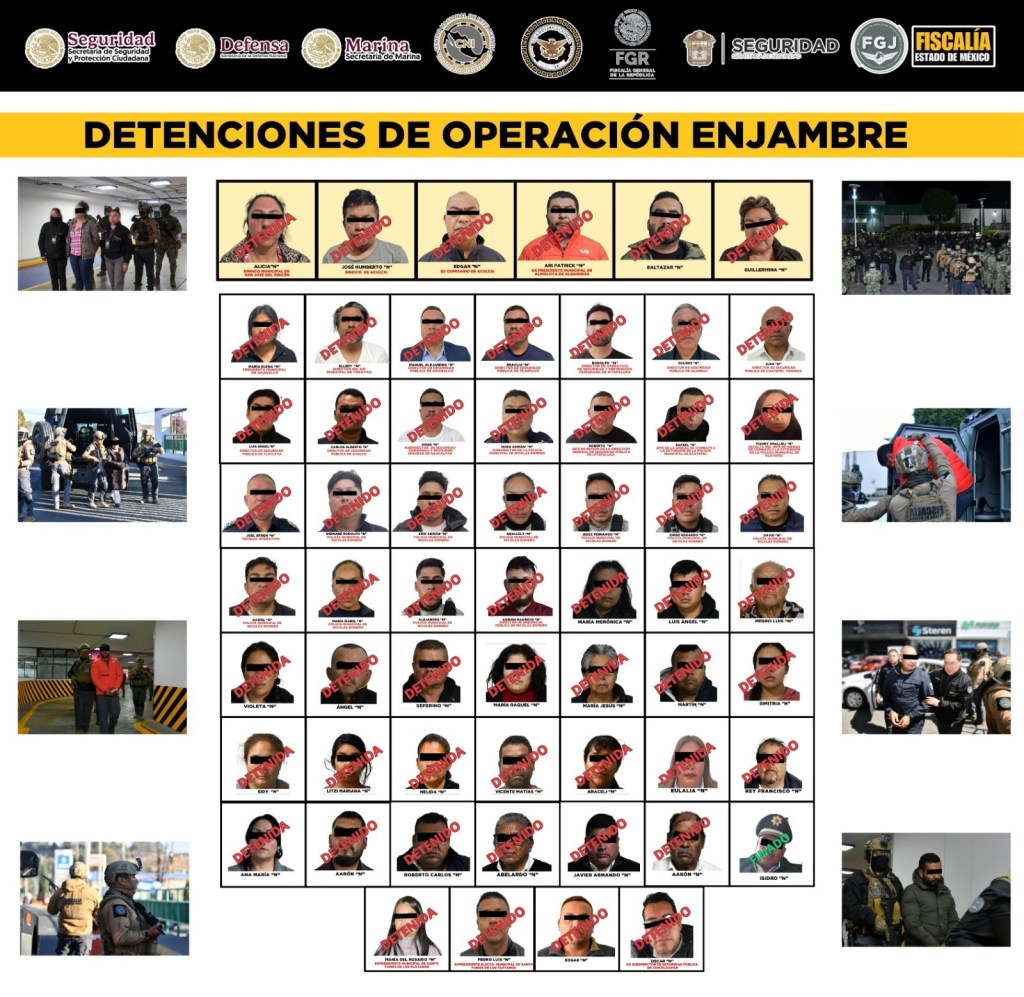 Infografía de detenciones de la operación Enjambre, mostrando imágenes de los arrestados y fotografías de agentes de seguridad.