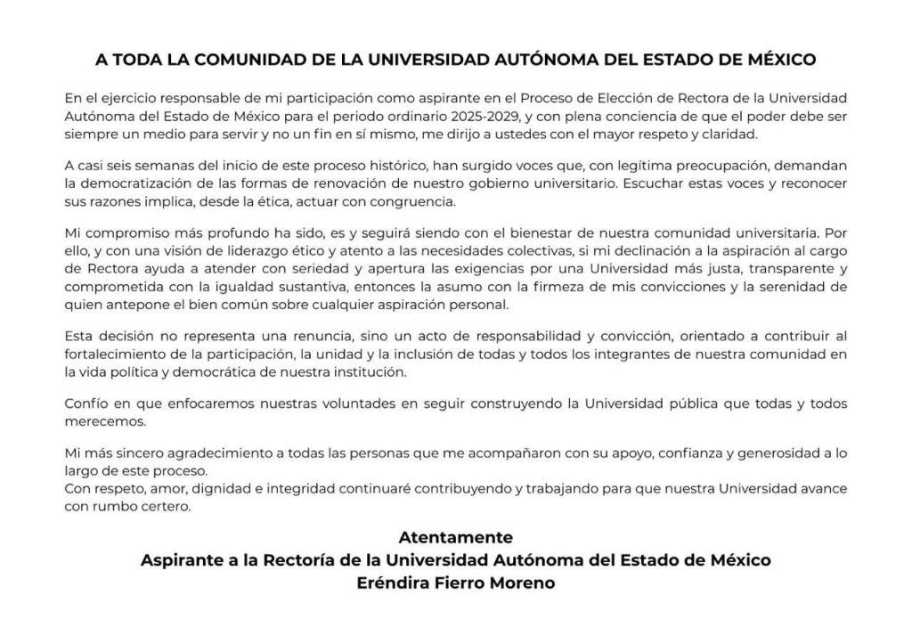 A written letter addressed to the community of the Universidad Autónoma del Estado de México, discussing the author's candidacy for the Rector position and emphasizing commitment to university governance, ethical leadership, and community involvement.
