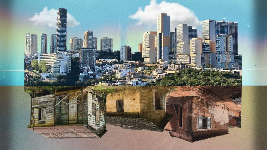 Una imagen que muestra un contraste entre un paisaje urbano moderno con altos edificios y áreas residenciales deterioradas, reflejando la desigualdad y los problemas sociales en Huixquilucan.