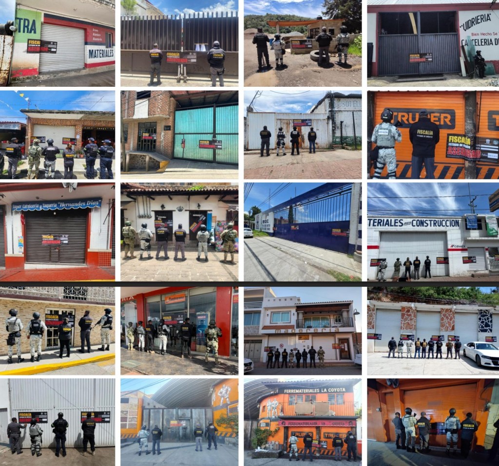 Varias imágenes de tiendas y comercios con autoridades llevando a cabo inspecciones y mostrando carteles de advertencia en diferentes ubicaciones.