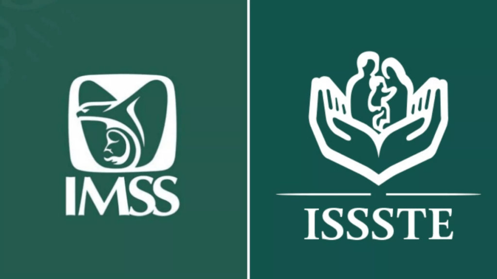 Logos of IMSS and ISSSTE on a green background.