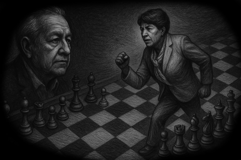 Ilustración en blanco y negro de una mujer vestida formalmente, corriendo hacia el tablero de ajedrez, mientras un hombre de rostro serio la observa desde el fondo. El tablero muestra piezas de ajedrez en varias posiciones, simbolizando una confrontación estratégica.