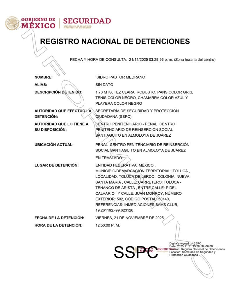 detención de Isidro Pastor Medrano