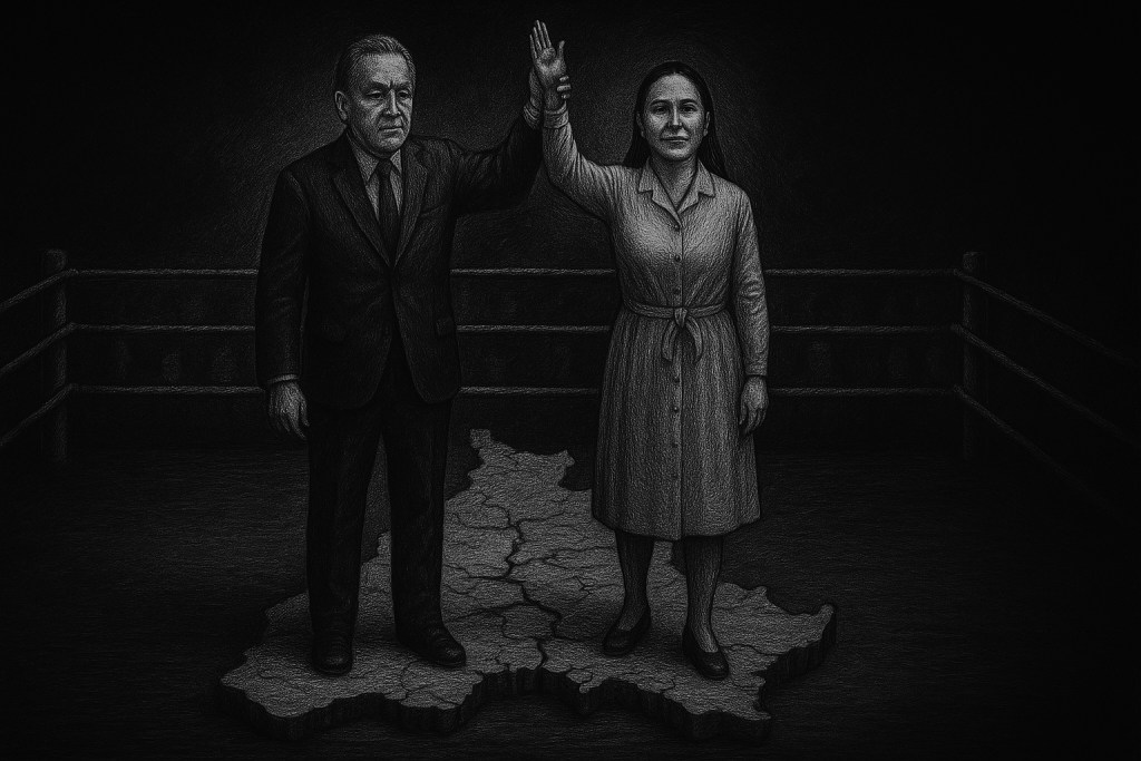 Ilustración en blanco y negro de un senador y una gobernadora levantando sus manos en signo de triunfo, sobre un mapa desgastado que representa un estado. El fondo es oscuro y el ambiente evoca tensión política.