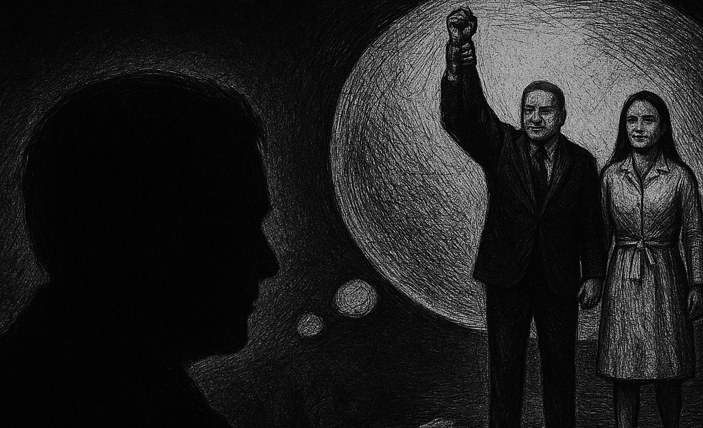 Silueta de un hombre mirando hacia dos figuras en el centro, un hombre levantando el brazo en señal de triunfo junto a una mujer, con un fondo oscuro y un círculo brillante detrás.