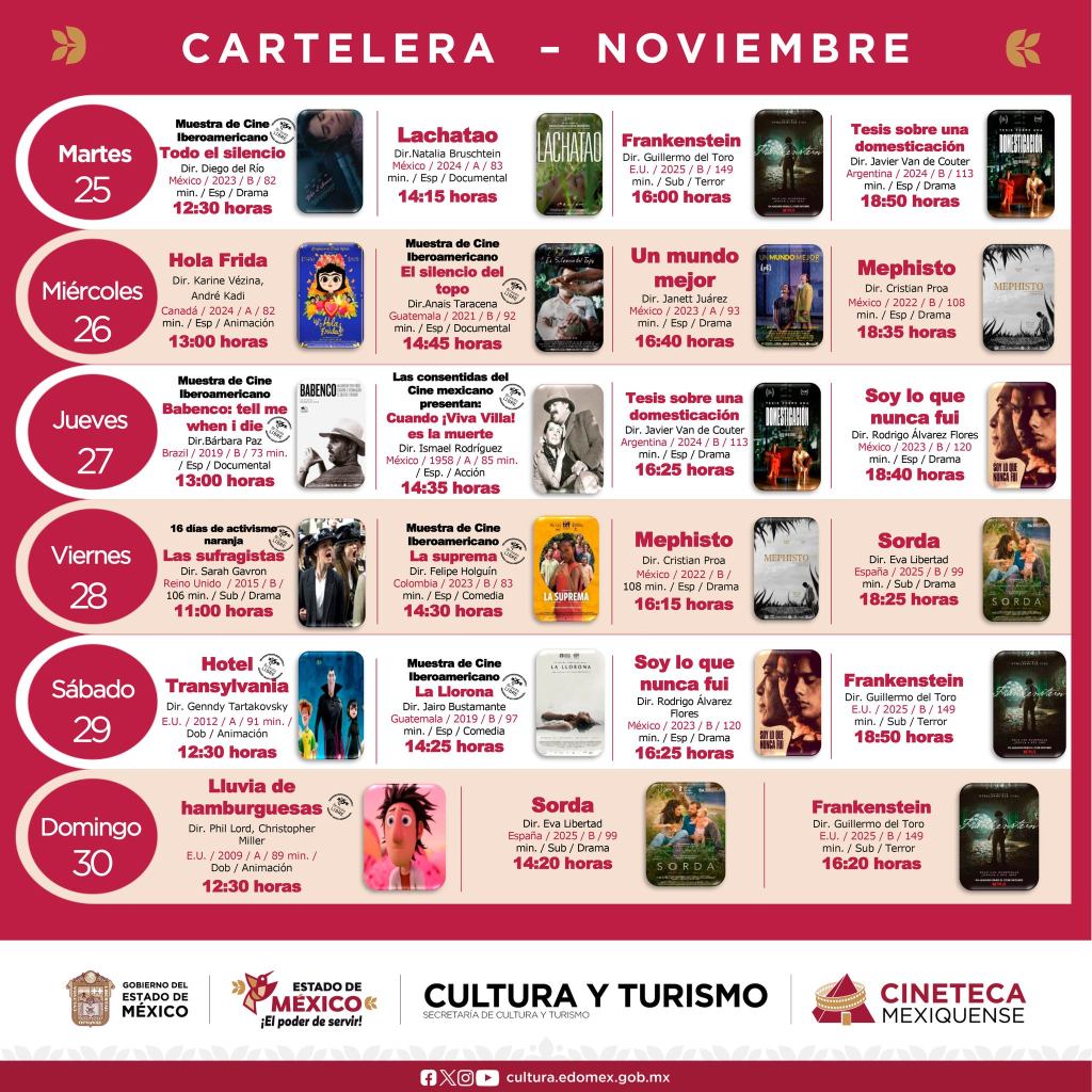Cartelera de cine para noviembre en la Cineteca Mexiquense, mostrando horarios y títulos de las películas programadas para cada día.