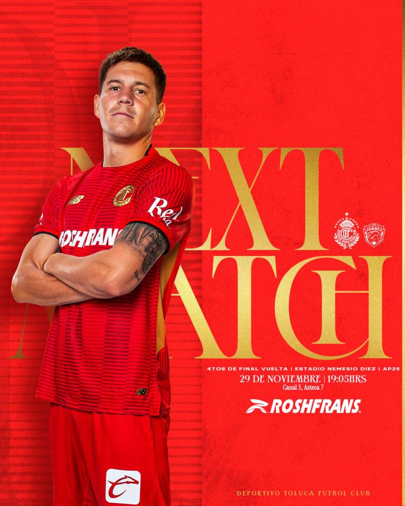 Imagen promocional del próximo partido de Toluca FC, mostrando a un jugador con camiseta roja, con texto que indica la fecha y el canal de transmisión.