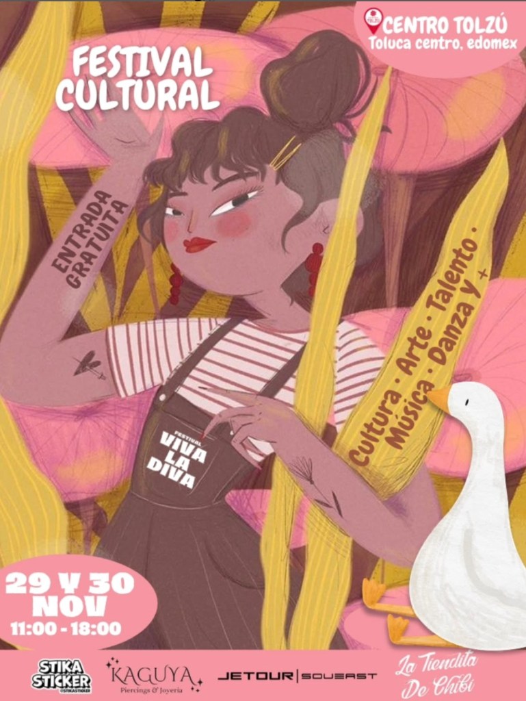 Póster del Festival Cultural Viva la Diva en Toluca, con ilustración de mujer sosteniendo una pancarta, detalles de la fecha y entrada gratuita.