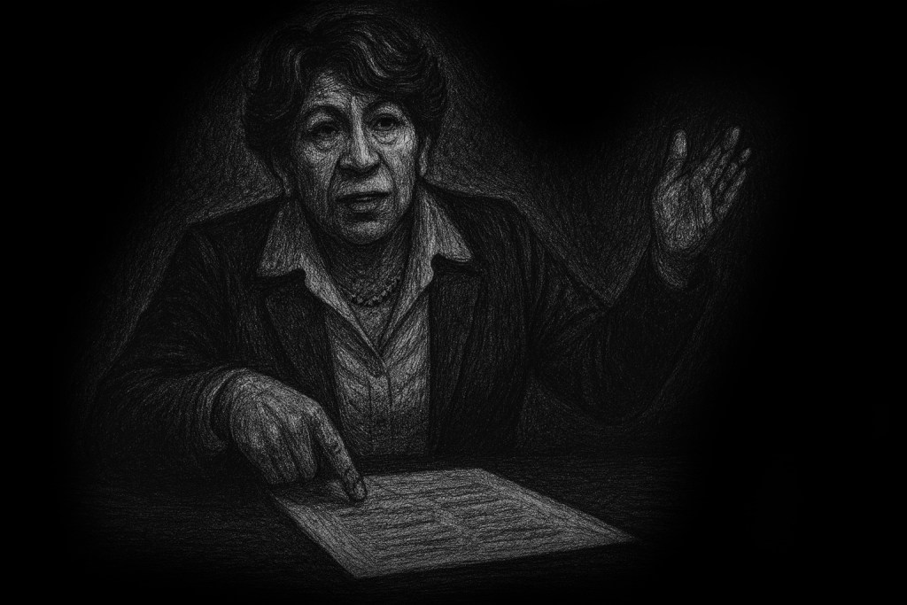 Retrato en blanco y negro de una mujer de pie, con el cabello rizado y oscuro, señalando un documento sobre una mesa mientras levanta la mano, como si estuviera haciendo un punto durante una discusión.