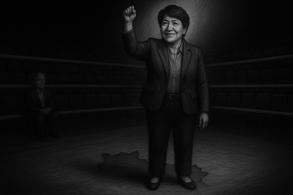 Ilustración en blanco y negro de una mujer de pie, levantando el puño en señal de determinación, con una expresión sonriente. Ella lleva un traje y se encuentra en un entorno vacío que recuerda a un escenario, mientras que un hombre mayor está sentado en una de las sillas del fondo.