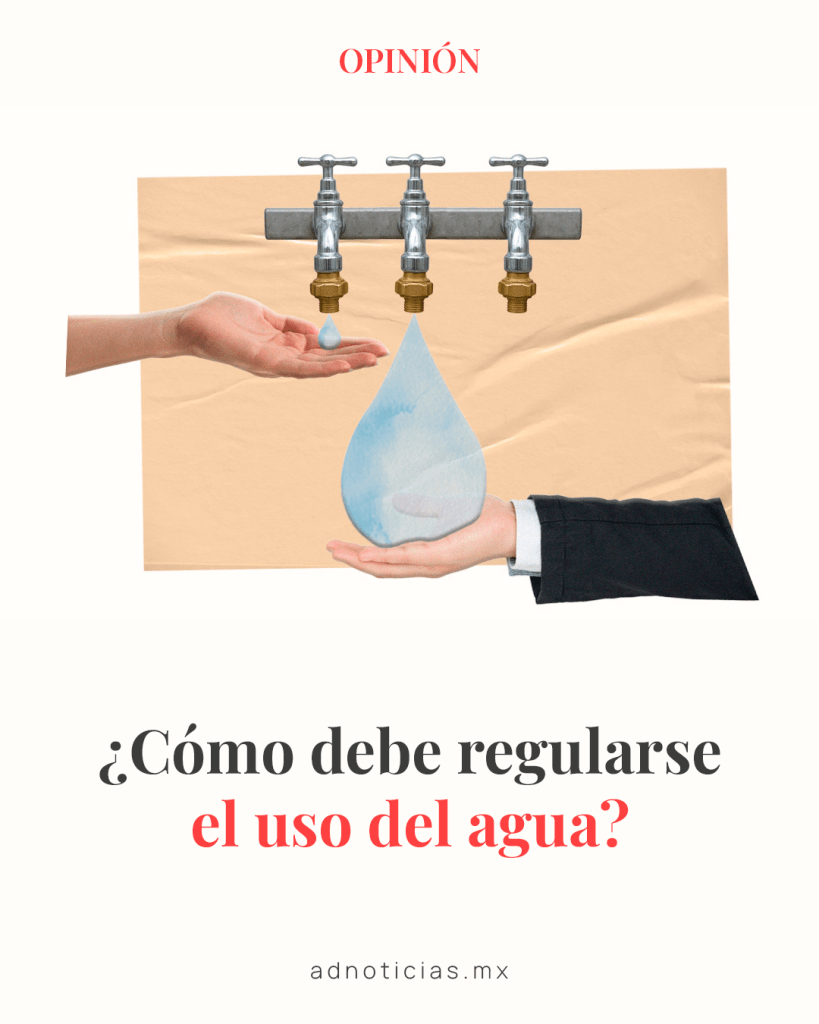 Una ilustración que muestra dos manos, una sosteniendo una gota de agua y otra mano en posición de recibir agua, con grifos en la parte superior y un fondo beige. Incluye el texto '¿Cómo debe regularse el uso del agua?' en la parte inferior.
