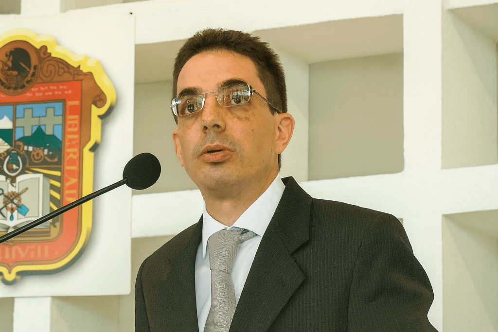 Alberto Bazbaz, exprocurador del Estado de México, dando una conferencia en un evento oficial.