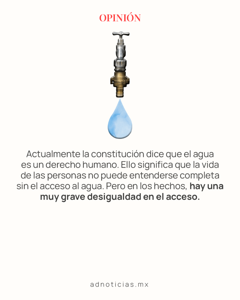 Ilustración de una llave de agua con una gota que representa el acceso al agua como un derecho humano. Texto destaca la desigualdad en el acceso al agua.