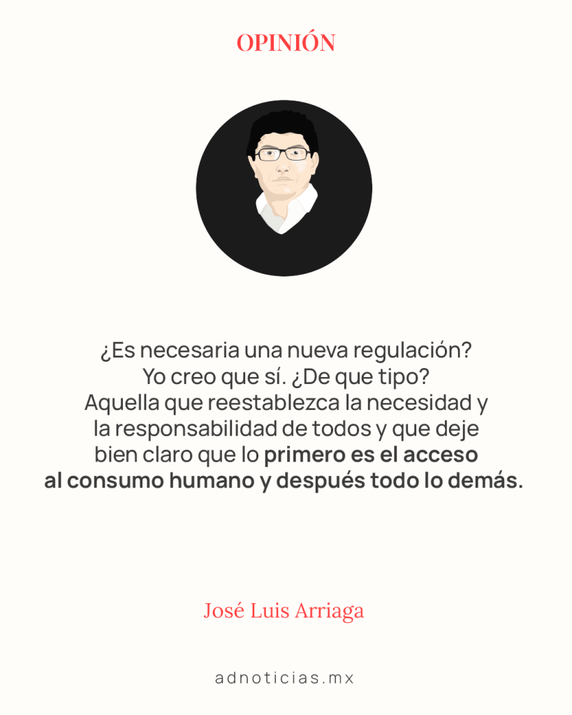 Imagen de opinión con un retrato ilustrado de un hombre con gafas. El texto habla sobre la necesidad de una nueva regulación para garantizar el acceso al agua como derecho humano.