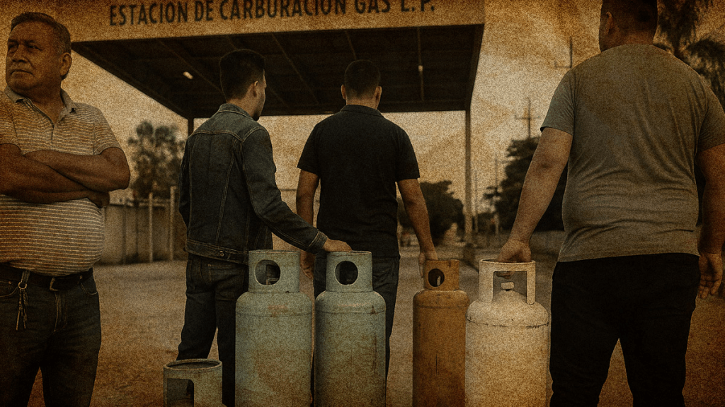 Grupo de cuatro hombres de espaldas, con cilindros de gas en una estación de carburación.