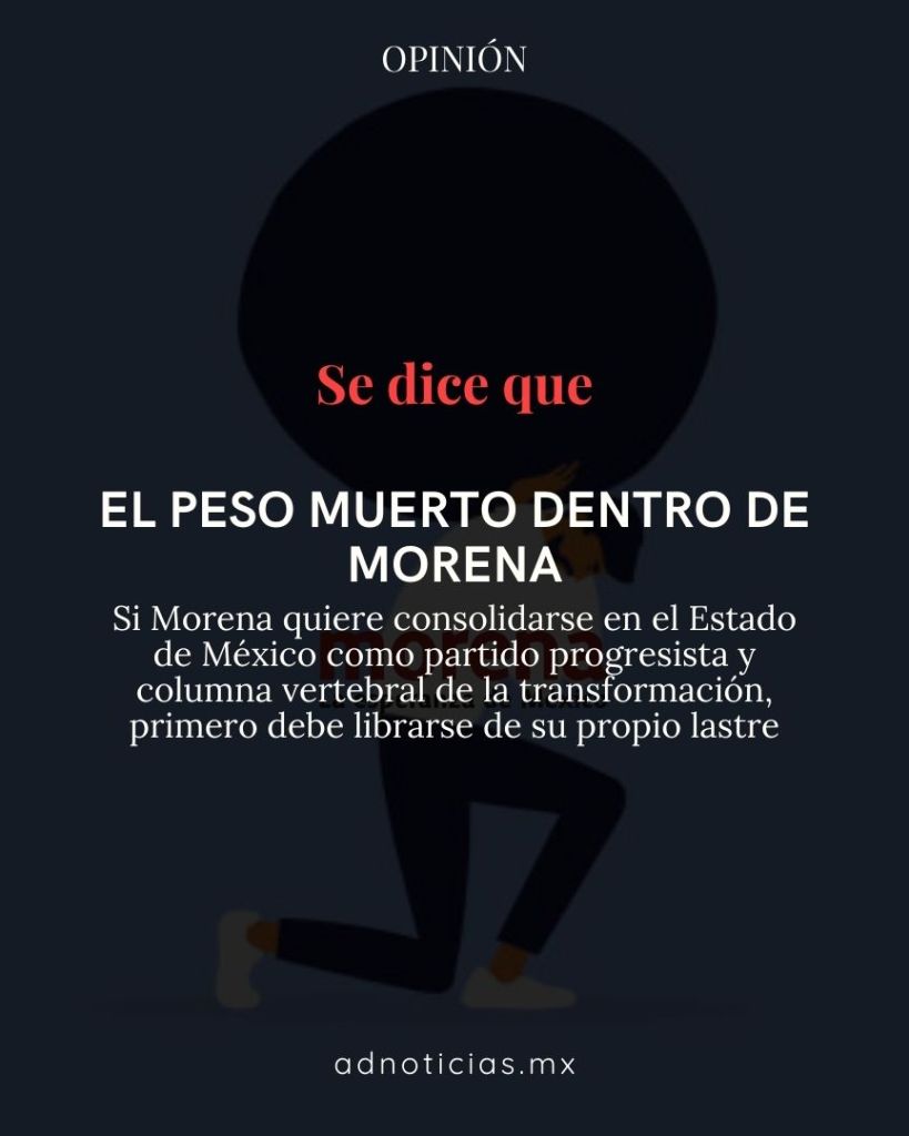 Imagen con texto que aborda el tema del peso muerto dentro de Morena, destacando la necesidad de liberarse de corrupción e incompetencia para consolidarse como partido progresista en el Estado de México.