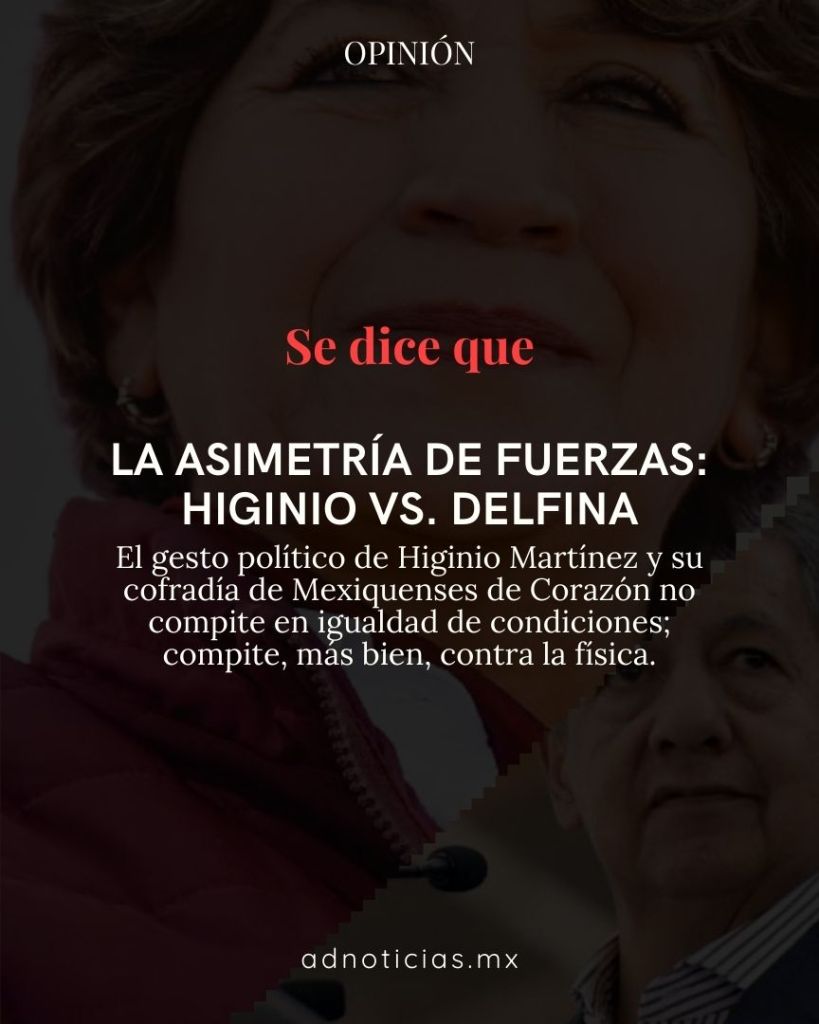 Imagen con el título 'Se dice que', presentando un análisis sobre la asimetría de fuerzas entre Higinio Martínez y Delfina Gómez, con fondo oscuro y rostros de ambos políticos.