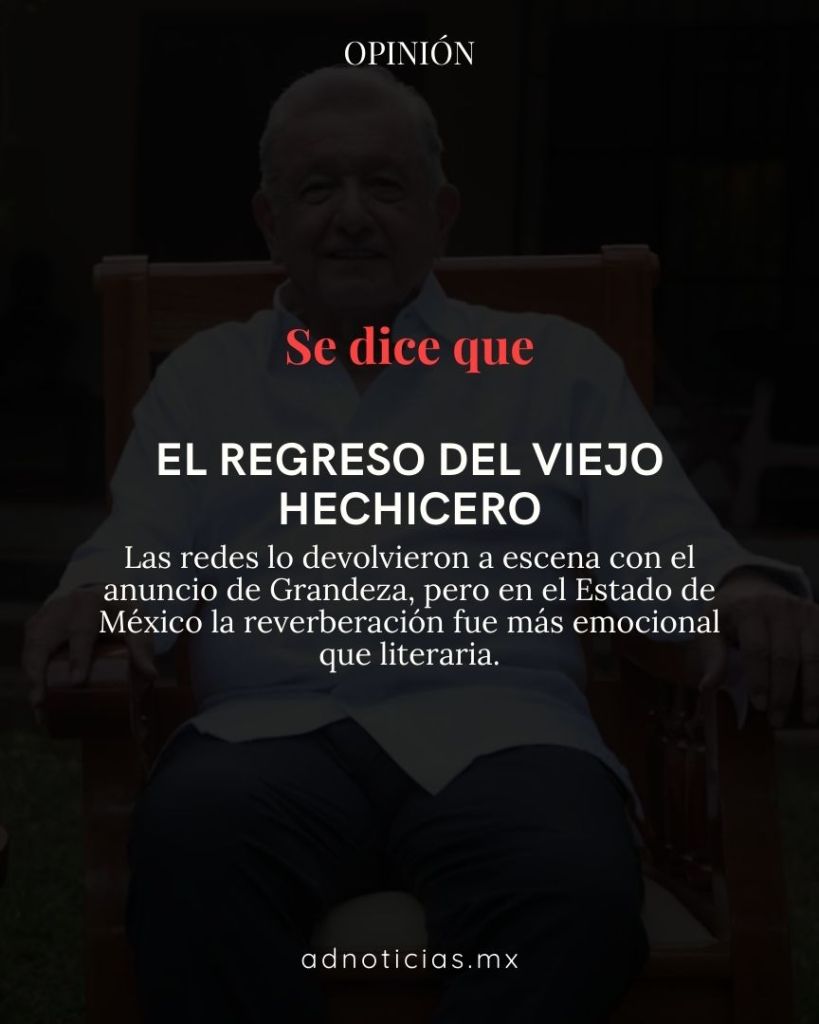 Imagen de un hombre sentado en una silla, con un fondo desenfocado. El texto en la parte superior indica 'Se dice que El regreso del viejo hechicero' y hay una descripción sobre un evento reciente en el Estado de México.