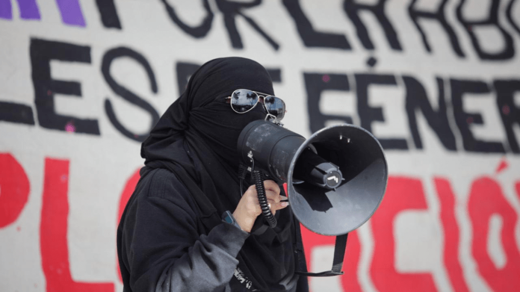 Mujer con megáfono en una protesta por el Día Internacional de la Eliminación de la Violencia contra la Mujer, con pancartas de fondo.
