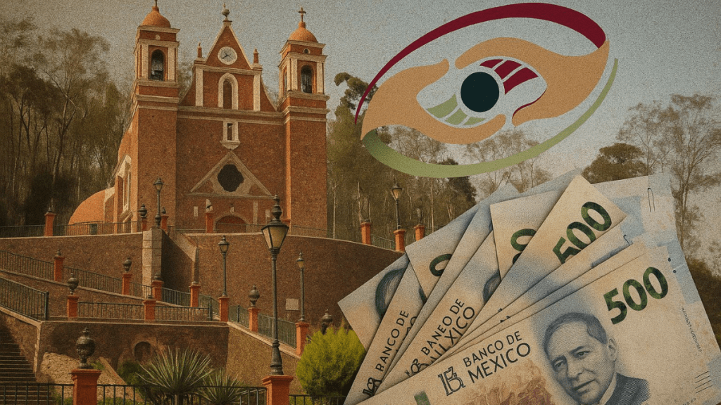 Imagen de una iglesia de ladrillo con escaleras y lámparas en un entorno natural, con billetes de 500 pesos en primer plano y un logotipo que combina las manos y la bandera de México.