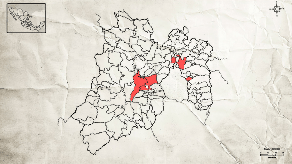 A vintage style map of a region in Mexico, featuring outlined districts with several areas highlighted in red.