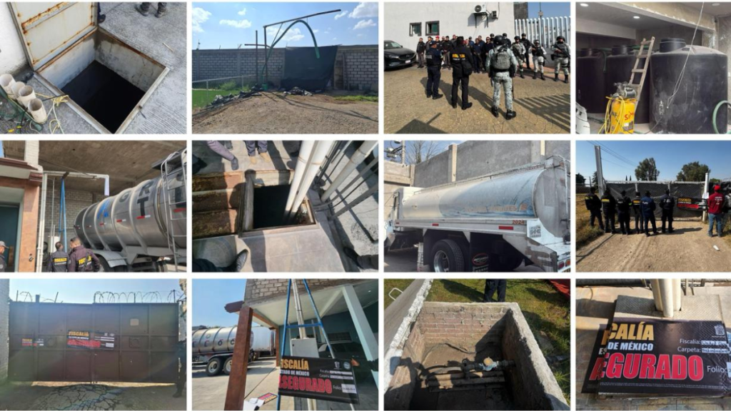 Una serie de imágenes que muestran diversas escenas relacionadas con una investigación, incluyendo pozos, vehículos de transporte, y la presencia de autoridades.