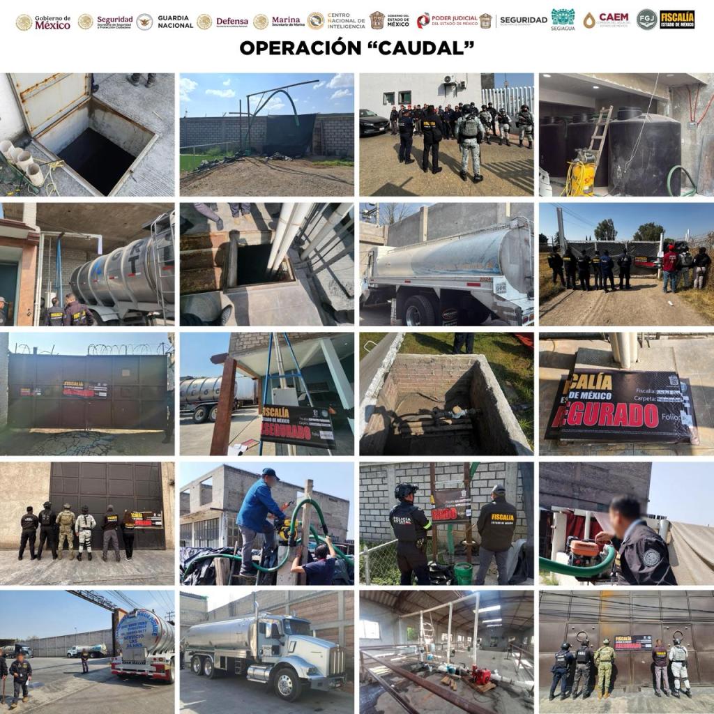 Collage of images showing various operations related to 'Operación Caudal' by the Mexican authorities to combat illegal water extraction and trafficking.