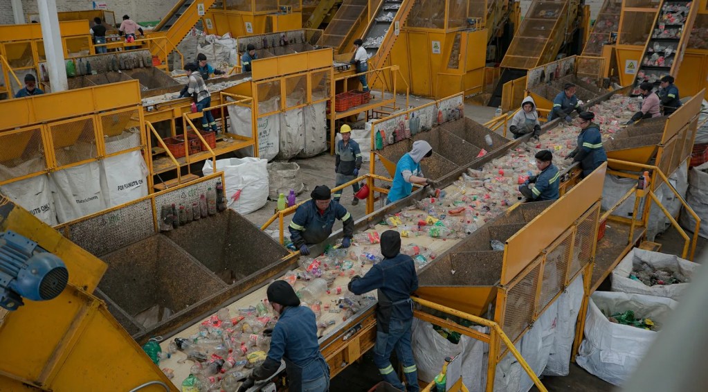 Empleados trabajando en una planta de reciclaje de PET, clasificando botellas en una línea de producción.