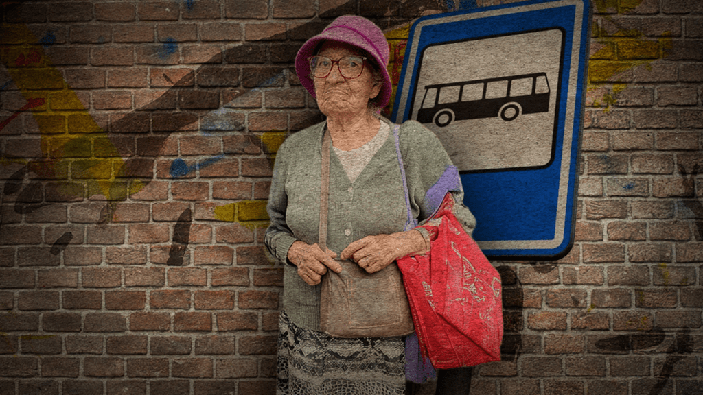 Una mujer mayor de pie frente a una pared de ladrillos, sosteniendo una bolsa y con un sombrero rosa, junto a un cartel de parada de autobús.