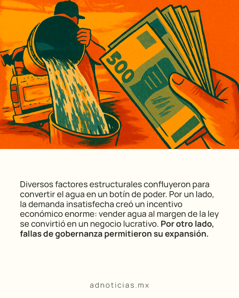Ilustración que muestra a una persona vertiendo agua de un recipiente mientras sostiene billetes, simbolizando la comercialización del agua en un contexto de corrupción y escasez.