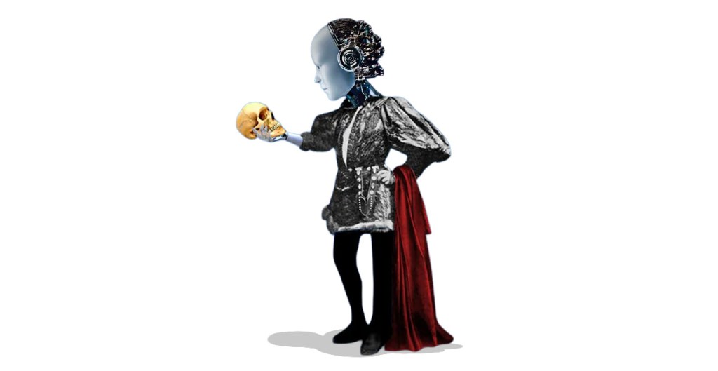 Una figura robótica vestida con un traje de época, sosteniendo una calavera en una mano y luciendo una diadema tecnológica, simbolizando la intersección entre la inteligencia artificial y la humanidad.