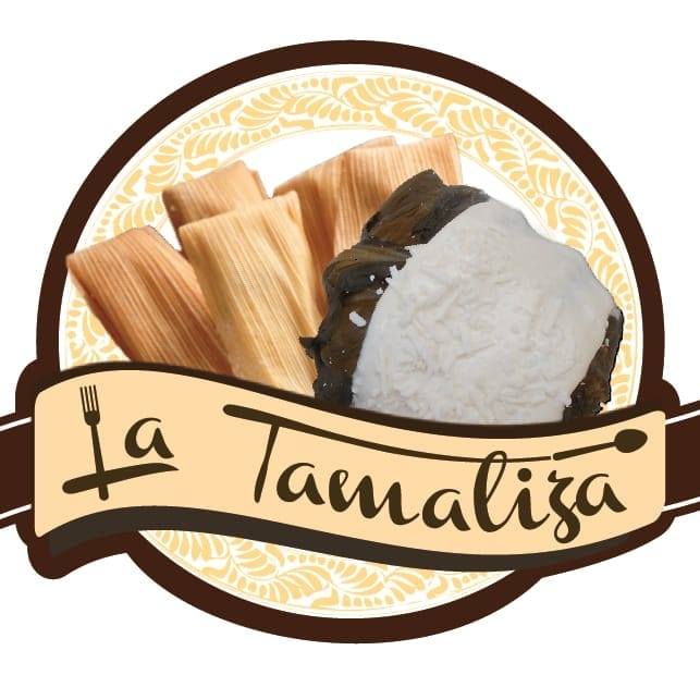 Logo de La Tamaliza con tamales y un postre de tamal negro con crema de coco.