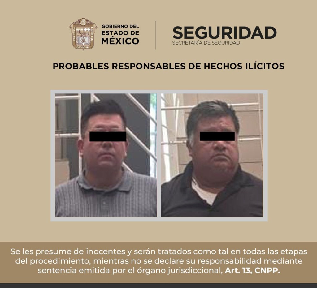 Fotografía de dos hombres detenidos, presuntos responsables de hechos ilícitos, en un cartel informativo de la Secretaría de Seguridad del Estado de México.