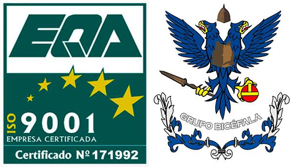 Logotipo de certificación ISO 9001 de EQA y escudo de Grupo Bicefála.