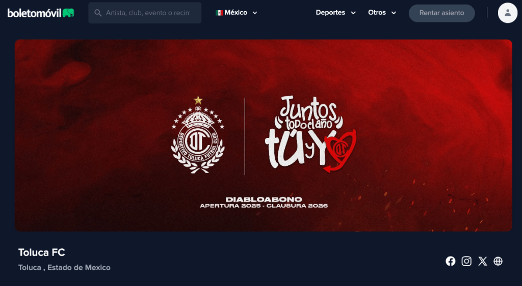 Imagen de la página de Boletomóvil con el logo del Toluca FC y un fondo rojo, promocionando el Diablos Abono Apertura 2023 - Clausura 2026.