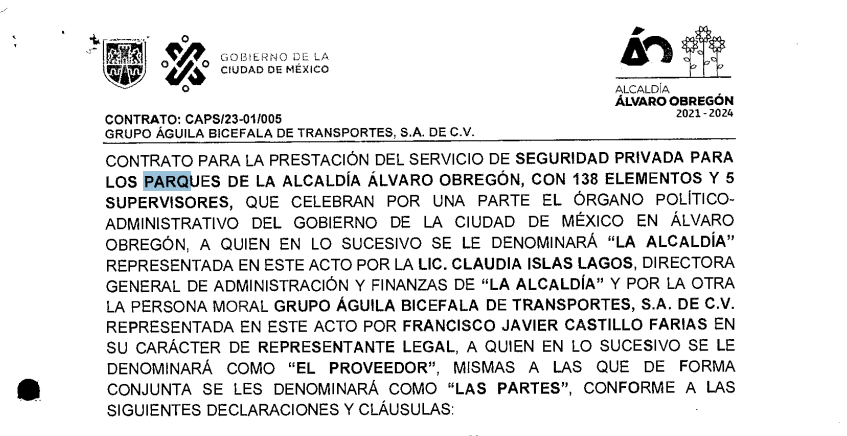Contrato del Gobierno de la Ciudad de México para la prestación de servicios de seguridad privada por Grupo Águila Bicéfala de Transportes, S.A. de C.V.