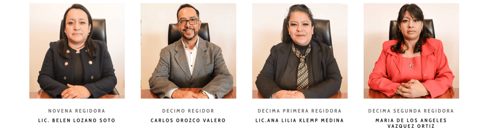 Retratos de cuatro regidores del ayuntamiento de Tecámac, incluyendo a Lic. Belén Lozano Soto, Carlos Orozco Valero, Lic. Ana Lilia Klemp Medina y María de los Ángeles Vázquez Ortiz, todos posando en sus respectivos asientos.