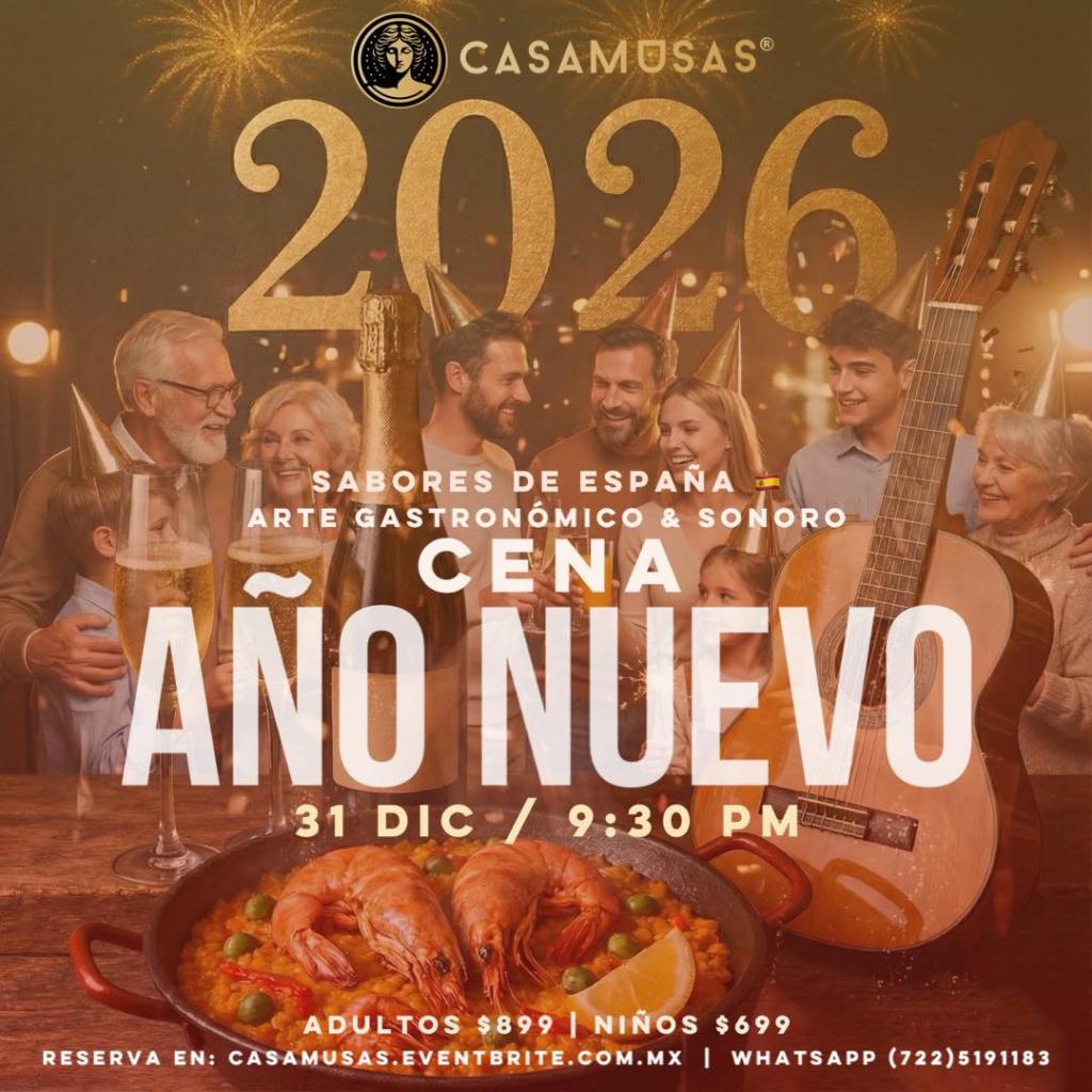 Imagen promocional para la cena de Año Nuevo en Casa Musas, mostrando a un grupo de personas felices en un ambiente festivo, con un menú que incluye platos españoles y una guitarra decorativa.